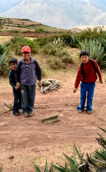 Boys play with trucks crafted from yucca plants